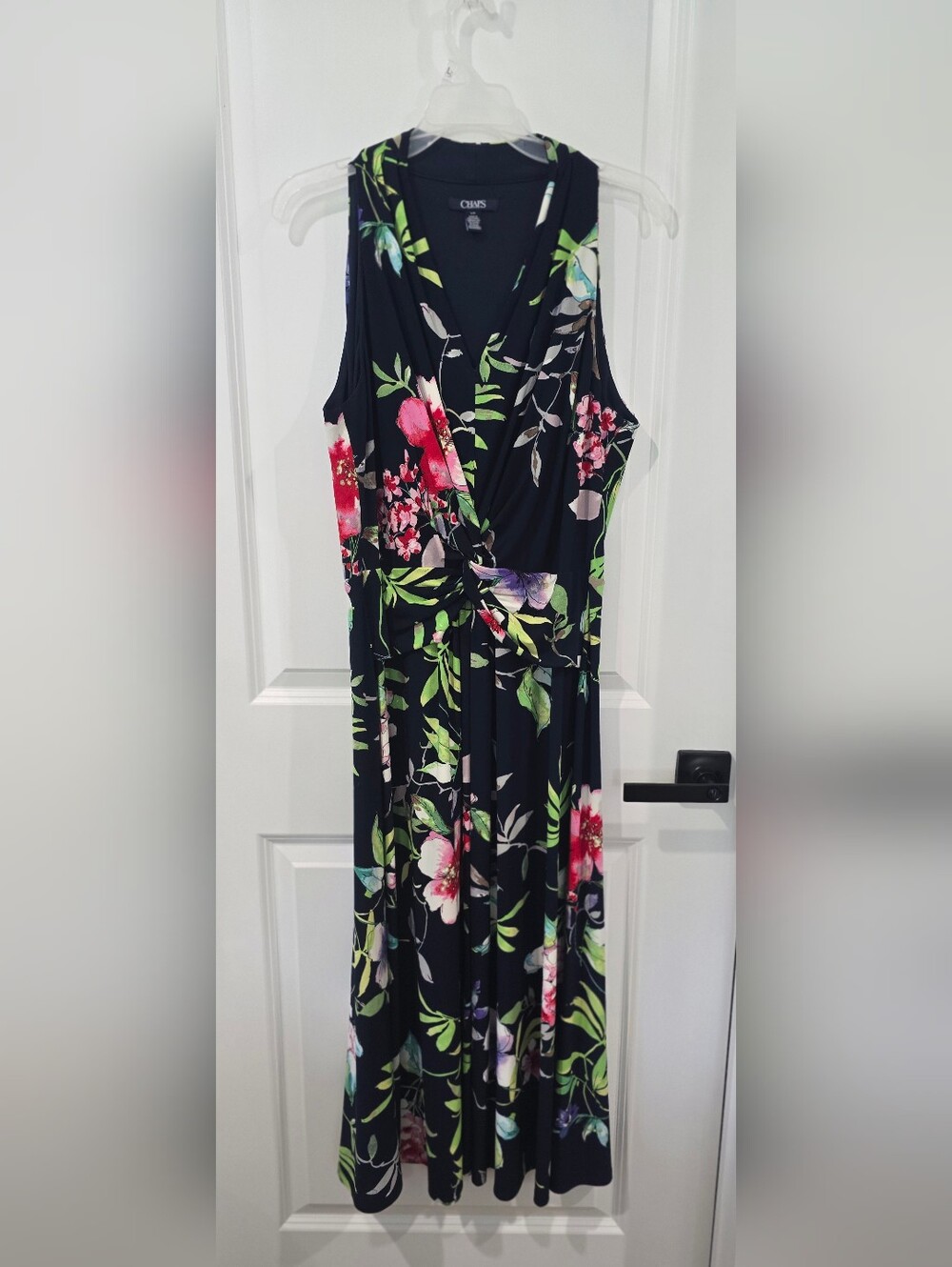 Chaps Sleeveless V-Neck Twist-Front Faux-Wrap Midi Dress Navy Floral - Size L